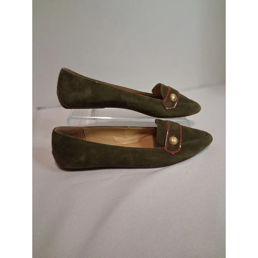 Talbots Olive Green Suede Pointed Toe Loafers Gold Button Red Trim Flats 7.5M